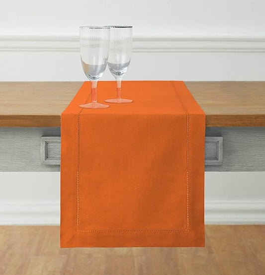 Solino Home Cotton Linen Pumpkin Table Runner 90 Inches Long - Hemstitch 14 x 90 Inch Table Runner for Fall, Autumn, Halloween, Thanksgiving, Holiday - Handcrafted and Machine Washable