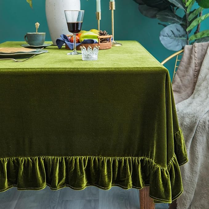 Velvet Tablecloth Luxurious Solid Rectangle Table Cloth,Oblong Retro Farmhouse Ruffle Tablecloths Washable Table Cover for Party Wedding Baby Shower Kitchen Dinning Tabletop Decoration