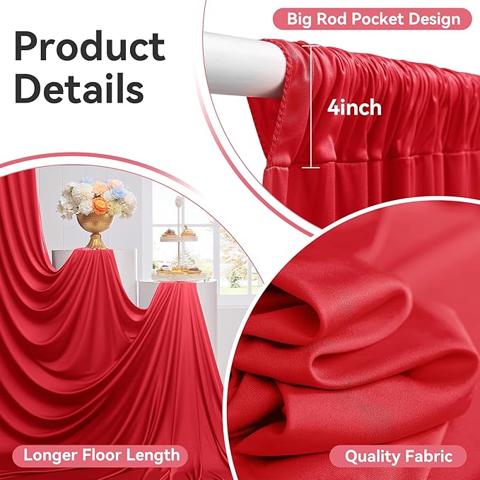50ftx14FT Wrinkle Free Red Backdrop Curtain, 10 Panels 14FT Height Red Wedding Backdrop Drapes, Silky Polyester Back Drop Cloth for Birthday Photography Background Party Backdrop Draping