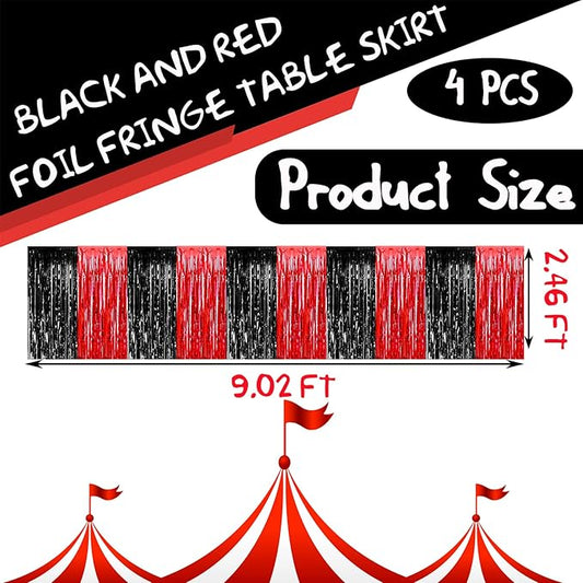 4 Pack 29x108 Inch Metallic Foil Fringe Tinsel Table Skirts for Rectangle Tables Streamer Backdrop for Wedding, Birthday, Parade Floats, Christmas, Halloween Party Decoration(Black Red)