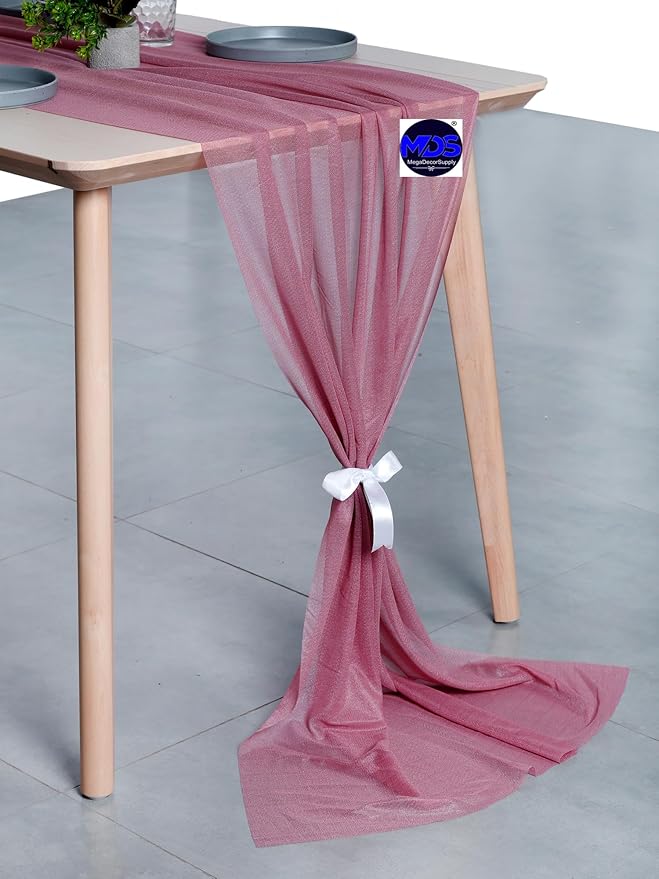 MDS 15 Pack 10ft Chiffon Table Runner 29 x 120 Inches Sheer Wedding Runner Romantic Rustic Table Runner for Wedding Decorations, Birthday Parties, Bridal Shower Party Arch Decor - mauva