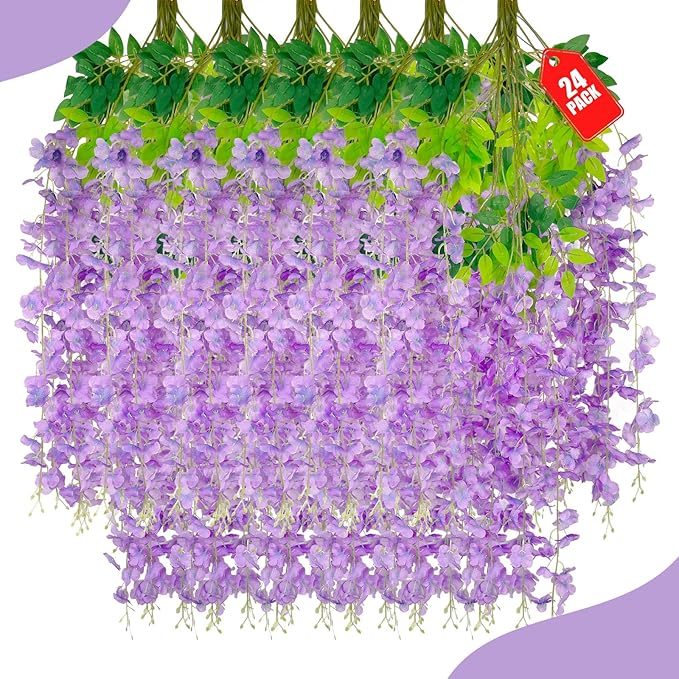 24 Pack Light Purple Wisteria Hanging Flowers, 3.4 Ft Fake Hanging Flowers, Artificial Wisteria Garland Vines for Wedding Room Backdrop Outdoor Patio Garden Decoration