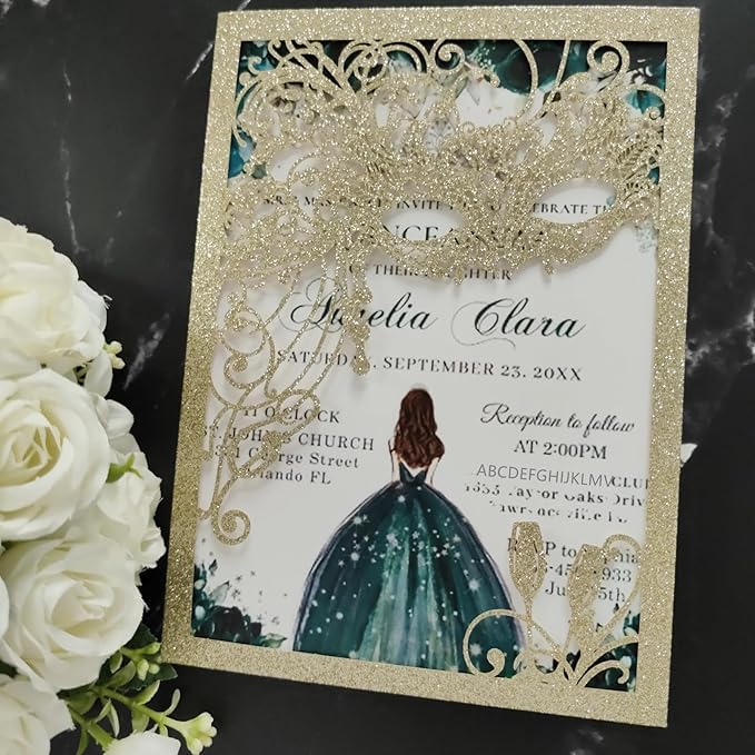 20PCS Masquerade Invitations, masquerade wedding invites, laser cut invitation pockets for quinceanera,xv,16 birthday,bridal shower,wedding,Anniversary,holiday party,etc. (glitter light gold)