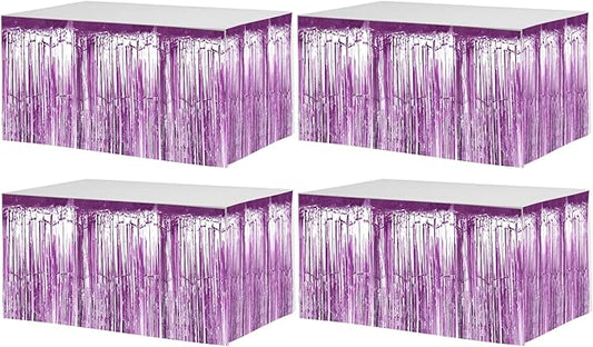 4 Pack 29x108 Inch Metallic Foil Fringe Tinsel Table Skirts for Rectangle Tables Streamer Backdrop for Wedding, Birthday, Parade Floats, Christmas, Halloween Party Decoration(New Light Purple)
