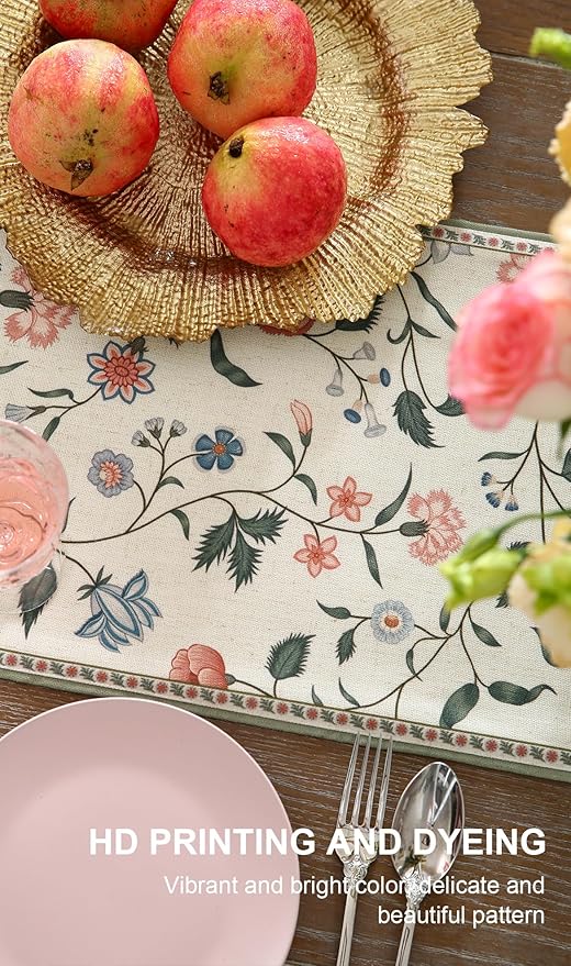 ISAENNE Designer Chinoiserie Elegant Linen Floral Table Runner 87 Inches Long,White Wrinkle Resistant Table Runners for Dining Tables,Thanksgiving,Kitchen Tables,Christmas,12"*87"-Daffy A