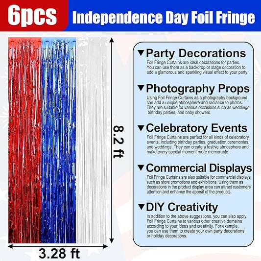 6 Pack White Blue Red Foil Fringe Curtain Backdrop, 3.28Ft x 8.2Ft Metallic Tinsel Foil Fringe Streamer Curtains for Photo Booth, Birthday, Wedding, New Year Party Decorations