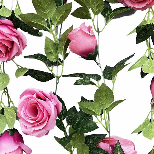UKELER 2 Pack Artificial Rose Vines Silk Flower Garland Artificial Floral Plant for Wedding Arch Party Garden Craft Home Decor, Dark Pink