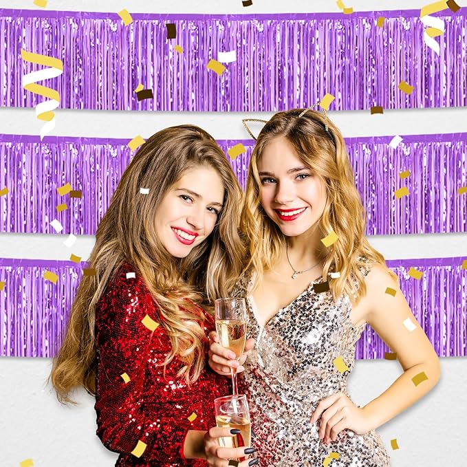 4 Pack 10 Feet Light Purple Foil Fringe Garland Metallic Tinsel Streamers Banner Wall Hanging Curtain Backdrop for Parade Floats, Wedding, Graduate, Mother's Day, Birthday Party Decoration
