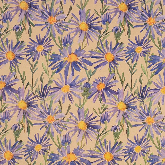 RUSPEPA Purple Floral Wrapping Paper for Women, 17 in x 16.4 ft, Mini Roll, Watercolor Flower Kraft Paper, Daisy Wrapping Paper Roll for Girls, Wedding, Birthday and Bridal Shower