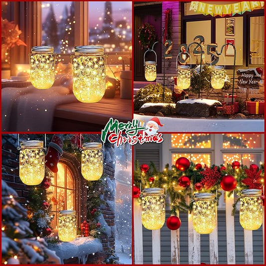 12 Pack Solar Mason Jar Lid Lights - 30 LED Firefly Fairy String Lights, Waterproof Outdoor Solar Lights with Hangers for Regular Mouth Jars (No Jars Included)