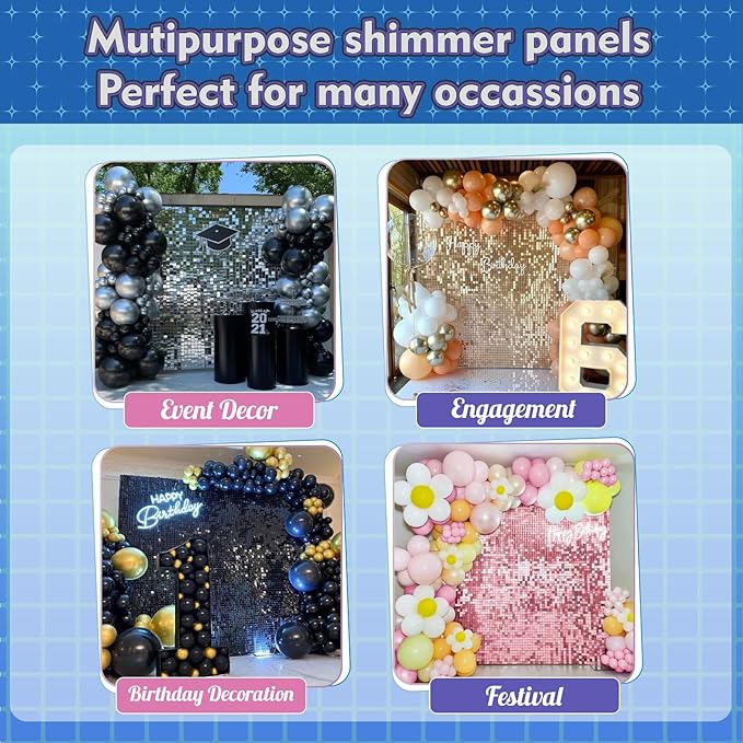 Qcity Light Gold Shimmer Wall Backdrop 48PCS, Black Back Not See-Through Design, Square Sequin Glitter Backdrop Panel, Perfect for Outdoor Events, Birthdays, Wedding and Party Decoration