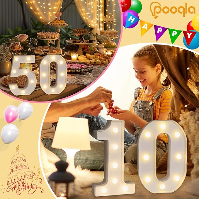 Pooqla Decorative LED Light Up Number Letters, White Plastic Marquee Number Lights Sign for Birthday Party Wedding Decor, Battery Operated (11)