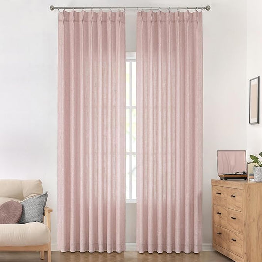 Vision Home Pink Pinch Pleated Semi Sheer Curtains for Girls Bedroom Living Room Textured Light Filtering Window Curtains 120 inch Rayon Blended Pinch Pleat Pink Drapes with Hooks 2 Panels 40"Wx120"L