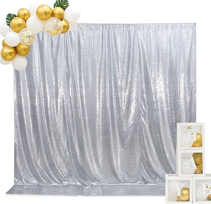 SquarePie Sequin Backdrop Curtain Not See Through Background for Wedding Party 7FT x 7FT Silver