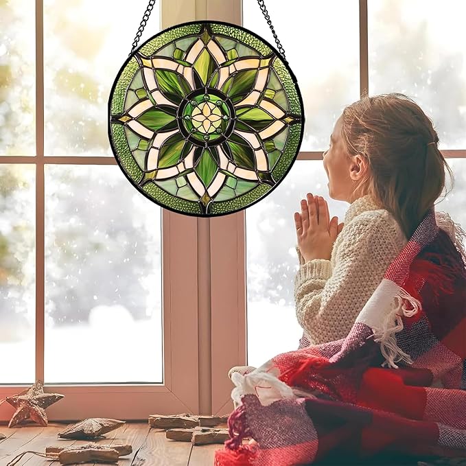 Stained Glass Window Hanging - White Green Boho Flower Suncatcher for Doors Window Home Sun Catchers Decor Christmas Mother's Day Birthday Gifts for Teacher Women Men Mom Nana 6.3 in