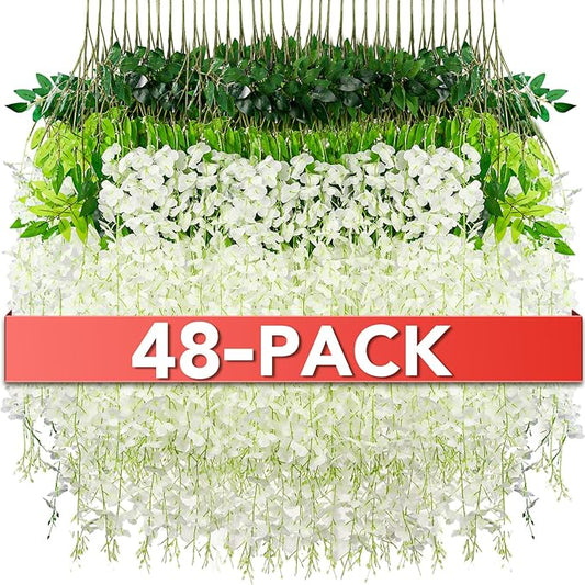 Wisteria Hanging Flowers,Fake Hanging Flowers,Wisteria artificiales Garland for Home Wedding Arch Floral Party Garden Ceremony Outdoor Decor,3.6 feet Long(48,White)