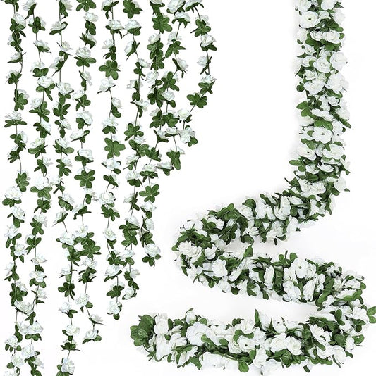 KHOYIME 18 Pack 144 FT Artificial Flower Garland, Fake White Roses Vines Silk Flowers Faux Plastic Outdoor Hanging Floral Ivy Garland Decoration for Wedding Arch Bedroom Home Wall Backdrop Room Decor