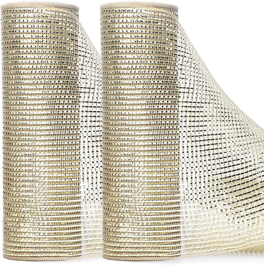 Ribbli 2 Rolls Champagne Gold Metallic Mesh Ribbon Champagne Gold Deluxe Foil Christmas Ribbon for Christmas Tree Wreath Swags Wedding Garland 10 inch x 30 feet(10Yard) Per Roll