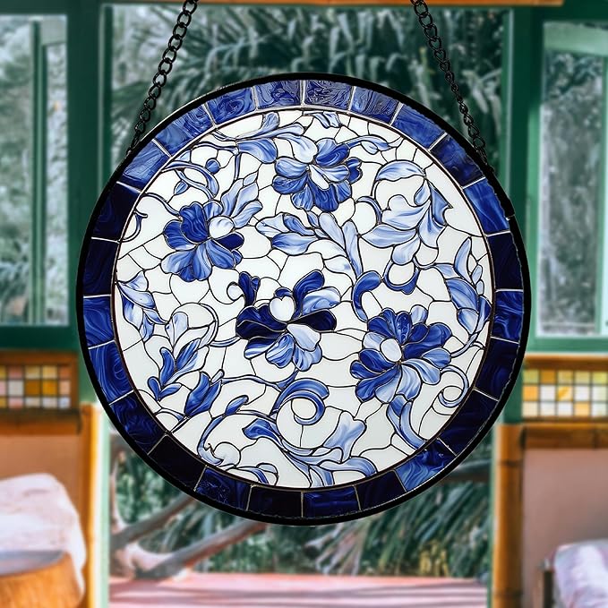 Stained Glass Window Hanging, Blue and White Abstract Flowers Sun Catcher for Door Home Decor Suncatcher Christmas Mother's Day Birthday Gifts for Women Men Mom and Nana 15 in