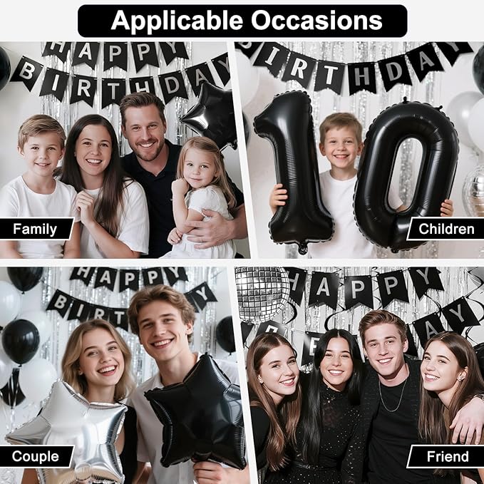 36th Birthday Decorations for Men Women, Black Silver Happy Birthday Party Decorations， 36 Year Old Party Supplies with Number 36 Balloons, Banner, Fringe Curtains Kit