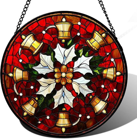 Stained Glass Window Hanging - Golden Bells Flowers Suncatcher for Doors Home Christmas Decoration Winter Sun Catcher Thanksgiving New Year Birthday Gift for Friend Women Men Mom Nana 7.8 in