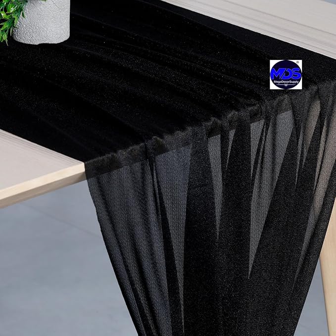 MDS 15 Pack 10ft Chiffon Table Runner 29 x 120 Inches Sheer Wedding Runner Romantic Rustic Table Runner for Wedding Decorations, Birthday Parties, Bridal Shower Party Arch Decor - Black