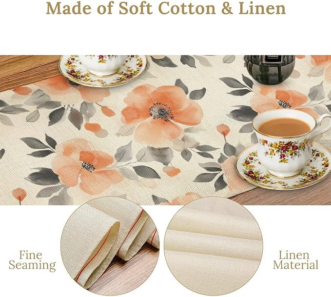 Floral Fall Table Runner, Rustic Watercolor Orange Flowers Seasonal Summer Autumn Table Runner for Kitchen Dinning Table Runner Decor Home Wedding Party Holiday, 13x60 Inch