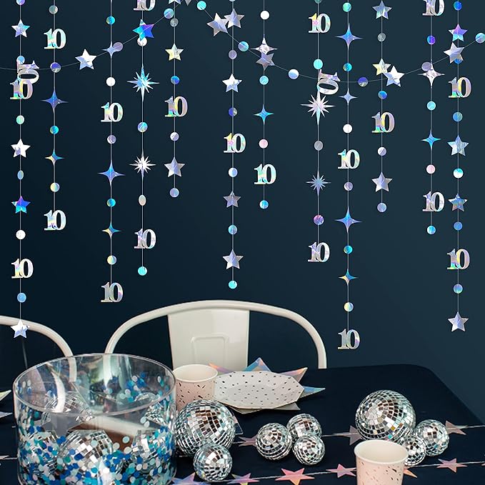 Iridescent 10th Birthday Decorations Number 10 Circle Dot Twinkle Star Garland Metallic Hanging Streamer Bunting Banner Backdrop for Girls Boys Ten Year Old Birthday 10th Anniversary Party Supplies
