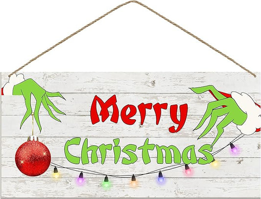 Merry Christmas Hanging Door Sign, Crazy Funny Green Festive Wooden Wall Welcome Decor Winter Farmhouse Style Outdoor Indoor Xmas Tree Ornaments for Home Office Holiday Party