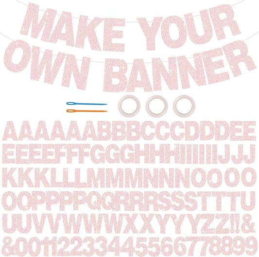 BEISHIDA 116 PCS Glitter Color Pink DIY Letter Banner Kit Make Your Own Banner，Including 111 Letters and Numbers 3 Rope and 4 Threading Device,Customized for Birthday Graduation Wedding Party Decor