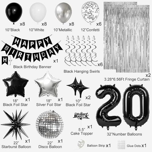 20th Birthday Decorations for Men Women, Black Silver Happy Birthday Party Decorations， 20 Year Old Party Supplies with Number 20 Balloons, Banner, Fringe Curtains Kit