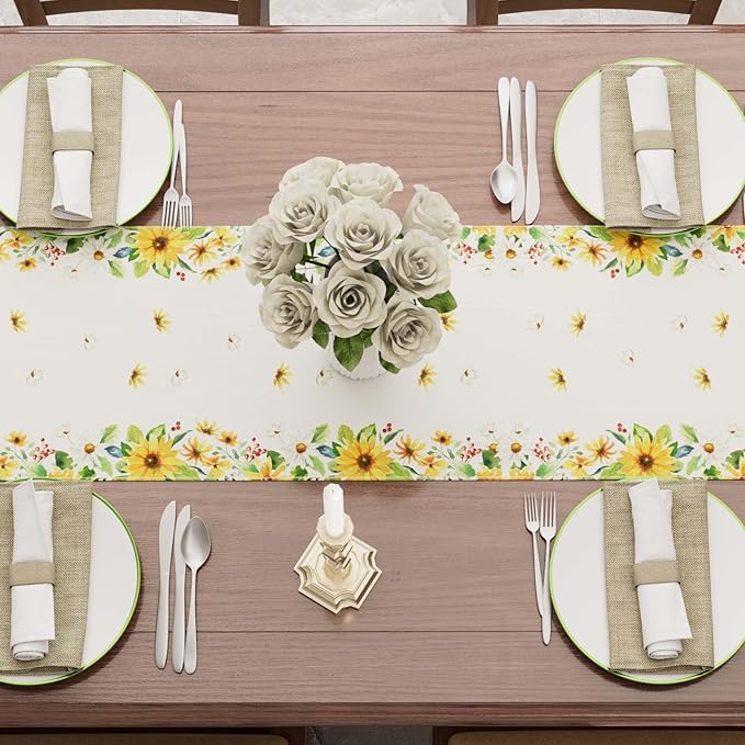 XCHI Yellow White Daisies Flowers Gnomes Spring Table Runner Burlap Table Decoration for Summer Seasonal Home Kitchen Dining Dinner Indoor Holiday Farmhouse Decor 13x72 Inch