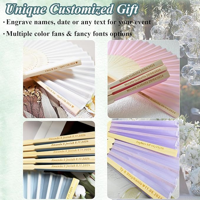 Personalized Folding Hand Fans Engraved Silk Fans, Summer Wedding Fans, Custom Silk-Bamboo Fans Wedding Party Favor Bridal Shower Gifts (30 Pieces), White