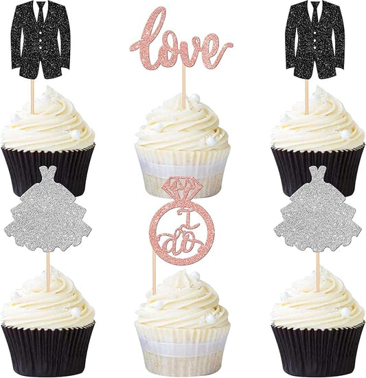 24 PCS Groom and Bride Cupcake Toppers Glitter Ring Love I Do Cupcake Picks Marriage Bridal Shower Cake Decorations for Wedding Engagement Bridal Shower Theme Party Supplies Rose Gold