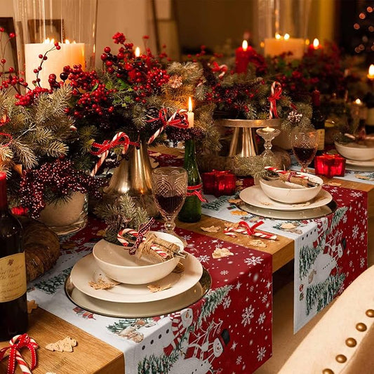 Christmas Snowman Cotton Linen Table Runner for Dining Kitchen, Xmas Tree White Snowflakes Winter Wedding Outdoor Party Tablerunners Decoration, Dresser Scarf Coffee Tablecloth Runners 13x72 Inches