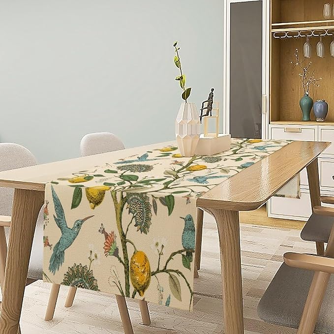 Table Runner with Flowers and Birds, Spring Plant Flowers Table Decoration Linen Table Runner Family Party Party Decorations 13x36 Inches