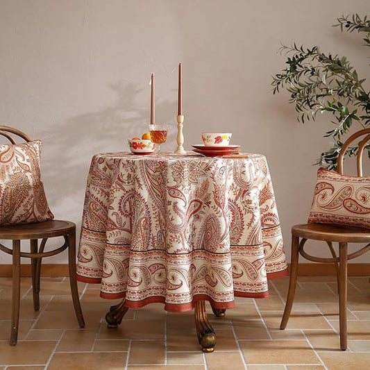 ISAENNE Designer French Red Round Tablecloth,Fall Linen Table Cloth with Cashew Pattern,Stain Proof Decor Tablecloths for Dining Thanksgiving Kitchen Christmas,Diameter 67"-Chauffrey D