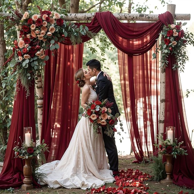 Wedding Arch Draping Fabric, 2 Panels 18FT Burgundy Sheer Backdrop Curtain Chiffon Fabric Drapery Sheer Voile Scarf Draping Panels for Wedding Archway Ceremony Curtain Valance Party Decoration