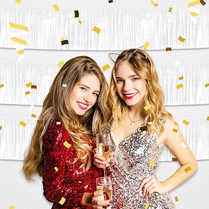 3 Pack 10 Feet White Foil Fringe Garland Metallic Tinsel Streamers Banner Wall Hanging Curtain Backdrop for Parade Floats, Christmas Day, Valentine's Day, Thanksgiving, Birthday Party Decorations