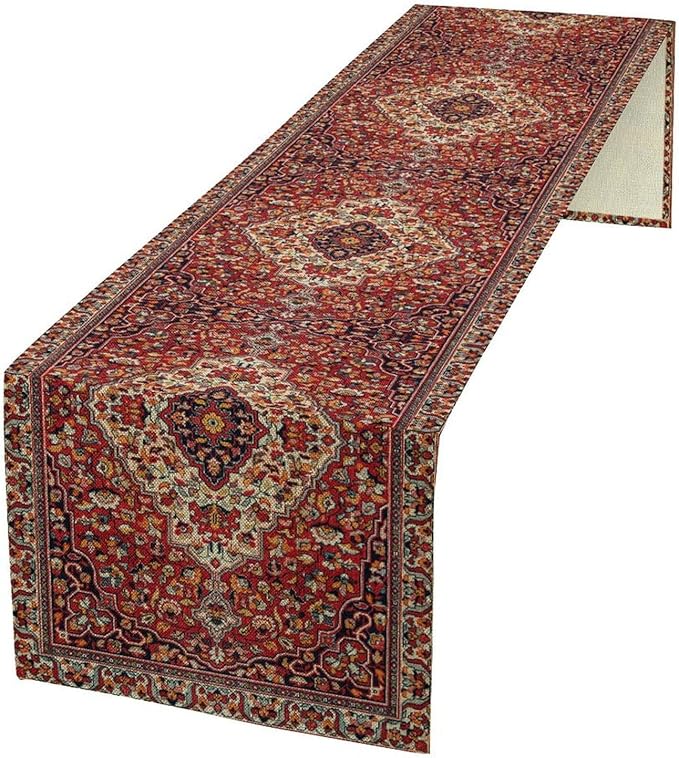 Boho Floral Vintage Table Runner, Paisley Retro Red Flower Rustic Country Farmhouse Abstract Pattern for Home Kitchen Table Decor Dining Coffee Room Party Decor 13x36in