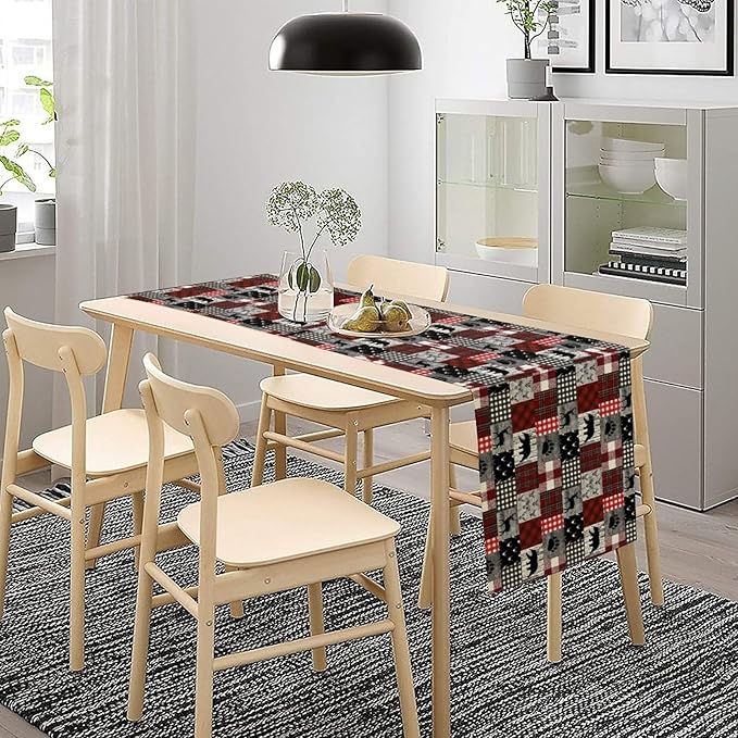 Rustic Farm Table Runner,Vintage Woodland Deer Bear Animal Buffalo Plaid Print Tablecloth Burlap for Hotel Indoors Outdoor Dining Room Kitchen Home Decor,W13X L60 in