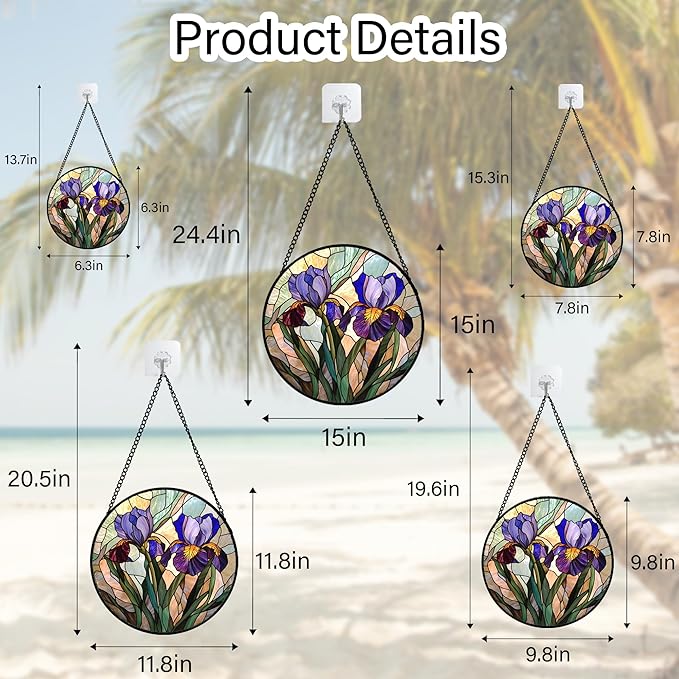 Stained Glass Window Hanging, Purple Blue Iris Birth Flower Suncatcher for Doors Garden Yard Sun Catchers Decor Christmas Mother's Day Birthday Gifts for Teacher Women Mom Nana Wife 11.8 in