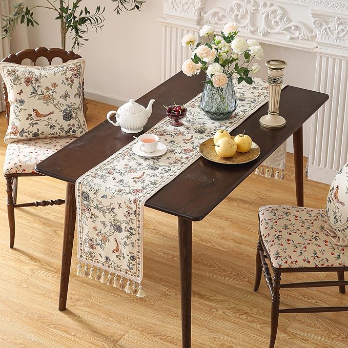 ISAENNE Designer Linen Table Runner 71 Inches Long,Elegant Floral Bird Pattern Table Runners for Dining Room,Farmhouse Rustic Kitchen Decor,Thanksgiving,Christmas,12"*71"-Cornucopia