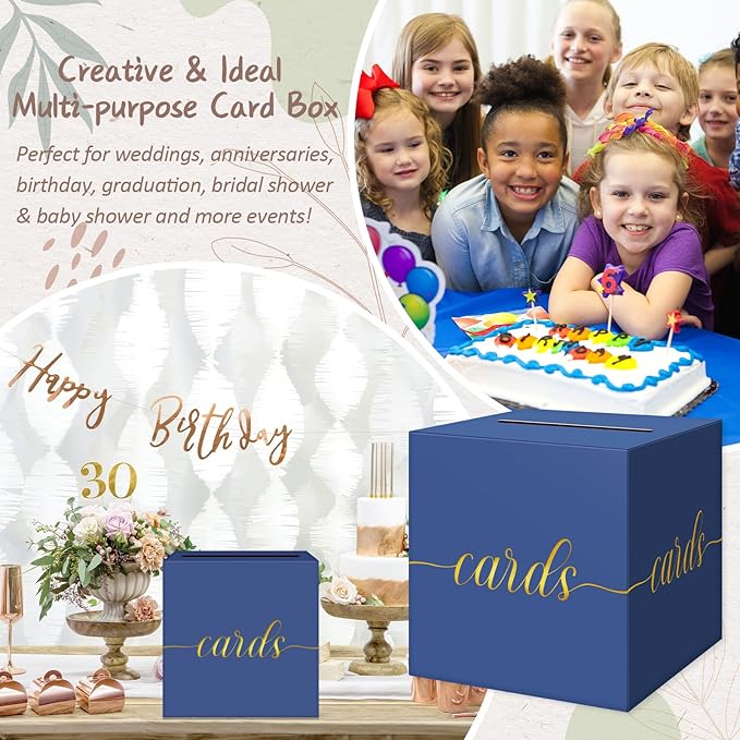 QIKSION Navy Blue Graduation Card Box, Gold Foil Gift Card Box for Graduation, Party, Wedding Reception, Birthday, Baby Shower, Raffle