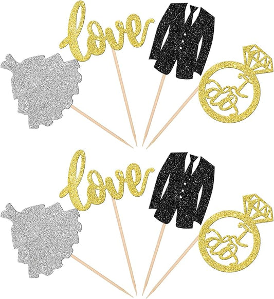 24 PCS Wedding Cupcake Toppers Glitter Bride and Groom Cupcake Picks Love I Do Ring Cupcake Decorations for Wedding Engagement Bridal Shower Theme Party Cake Decorations Supplies Gold