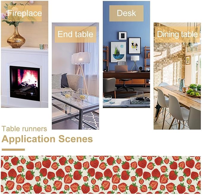 Strawberry Table Runner,Spring Summer Fruit Print Table Runner for Kitchen Dining Table Home Party Decoration 13x120 Inch