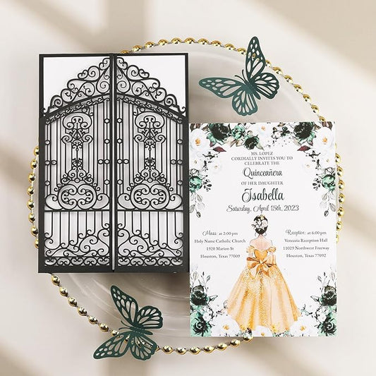 50Pcs Wedding Invitation Kit Black Fences Fold Laser Cut Invitation Pocket Personalized Wedding Card and Rsvp Card for Wedding Engagement Mermaid Birthday Party Invites