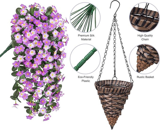 Artificial Fake Hanging Flowers with Basket for Outdoor Decoration,UV Resistant Faux Silk Light Fuchsia and Fuchsia Orchid Flowers Vines in Planter Realistic Hanging Baskets for Home Porch Garden