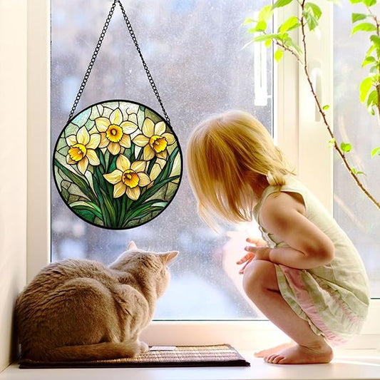 Stained Glass Window Hanging, Daffodil Plant Flowers Sun Catchers Diamond Glass Panel Hangings Suncatcher Decor for Birthday for Women, Men, Wife, Aunt,and Mom 9.8X9.8IN