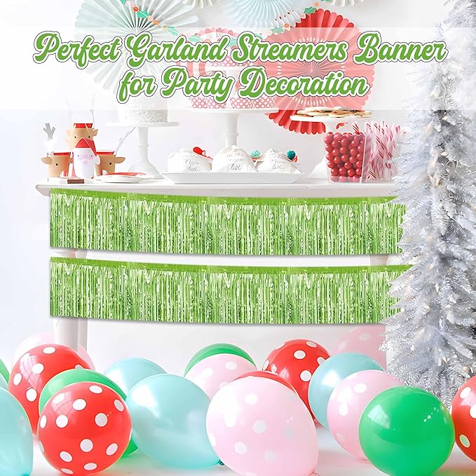 4 Pack 10 Ft Light Green Foil Fringe Garland Metallic Streamers Tinsel Banner Wall Hanging Garland Backdrop for Parade Floats, Halloween, Christmas, Thanksgiving, New Year Party Decorations